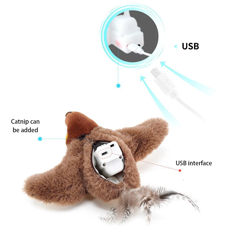 Electric Kitty Toys Shake Sparrow Flying Birds Simulation Warble USB Voice Toys Plush Hunting Interactive Cat Teasing Toys New