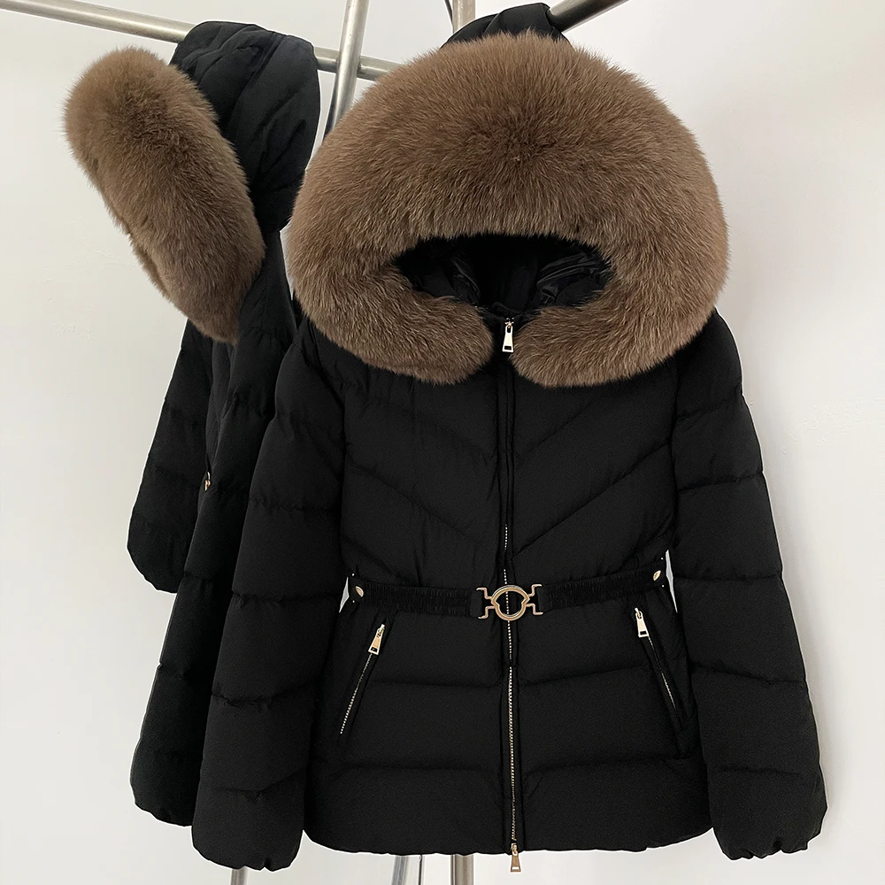 

Reality Fur Collar Jacket Raccoon Fur Fluffy Jacket Hooded White Duck Down Coat for Women Belt Female Winter Top Thick Warm