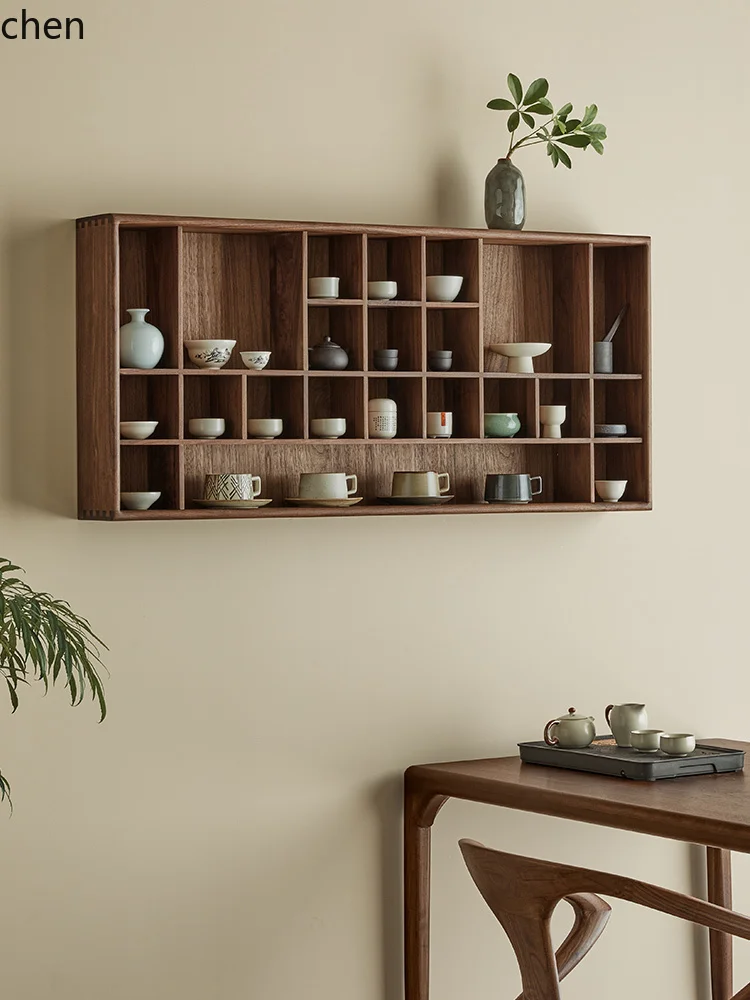 

HXL Black Walnut Wood Wall-Mounted Curio Cabinet Solid Wood Multi-Treasure Shelf Tea Cup Rack Tea Set Storage Rack