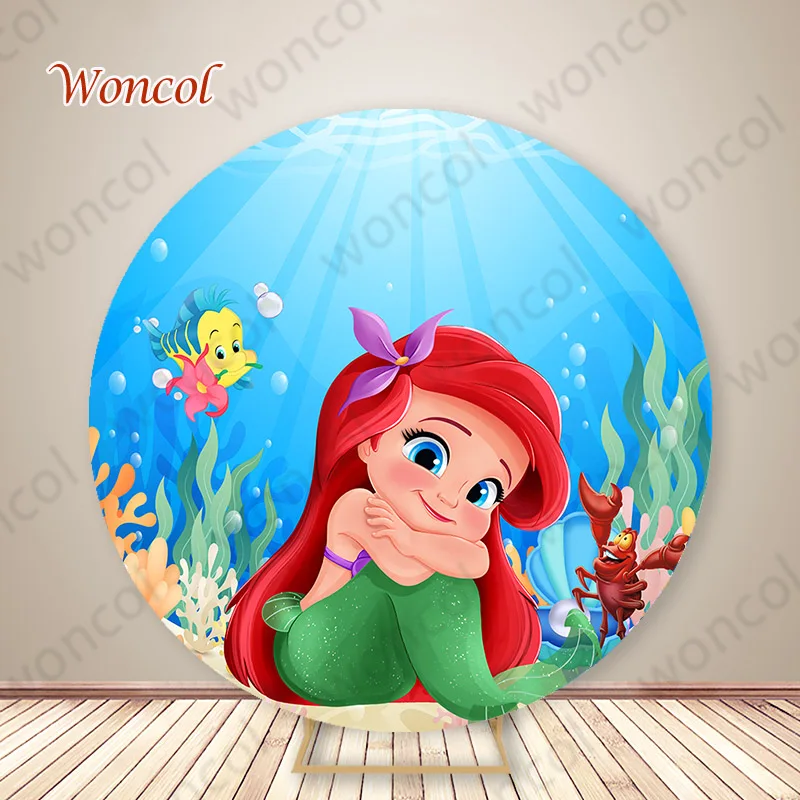 Baby Ariel Round Backdrop Baby Shower Little Mermaid Backdrop  Under The Sea Mermaid Baby Birthday Cylinder Cover Decorations