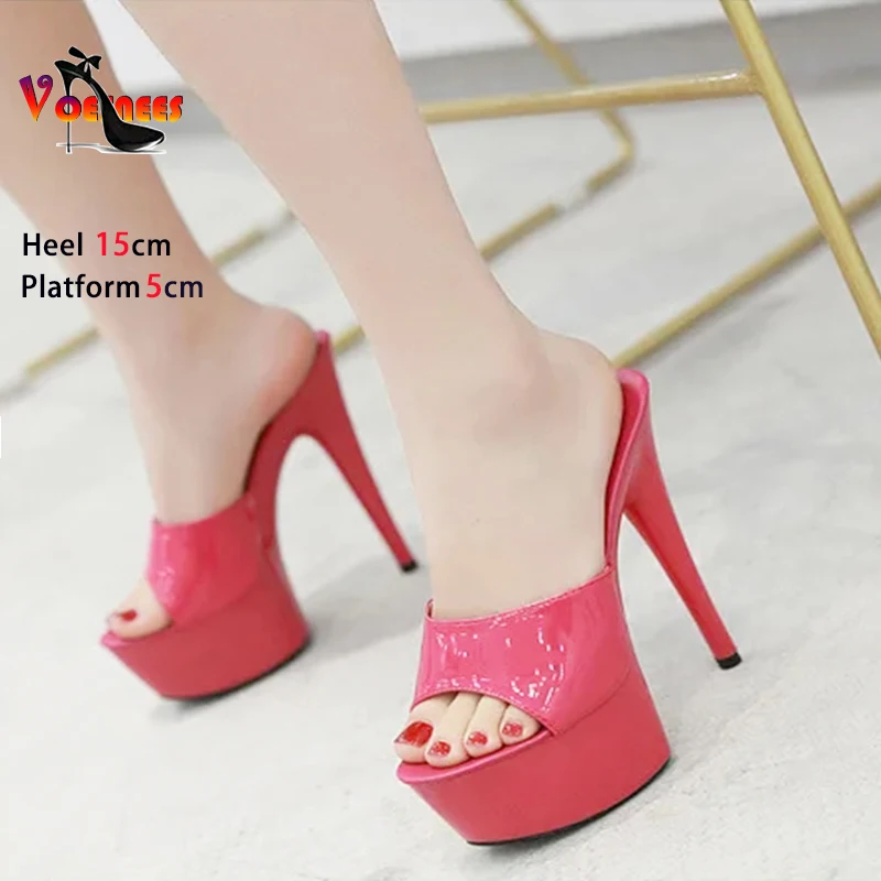 2024 Patent Leather Women Shoes Thin Heels Sexy Waterproof Platform High Heels Sandals Female Summer Slip On Slippers Size 43