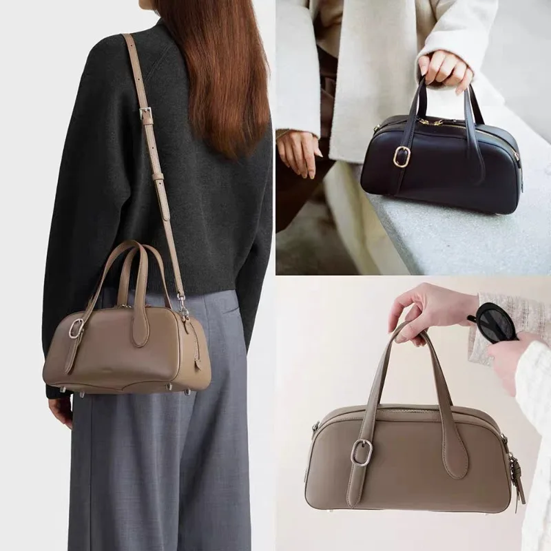 Women Genuine  Bowling Bag Roaming Bag Premium Exquisite Boston Bag Elegant Top Handle Handbag Versatile Commute Shoulder Bag