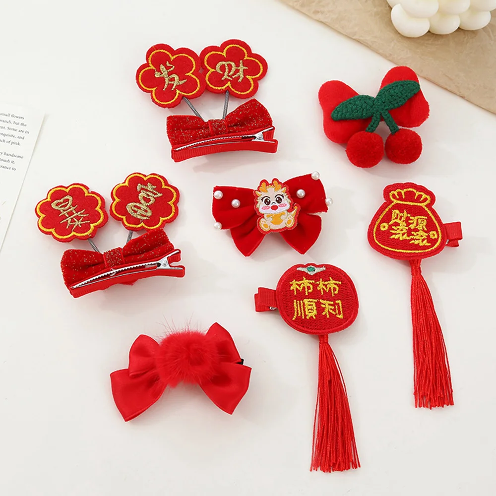 

Children's Red Hairpins Girl's Lovely Festive New Year Hairclibs Chinese Style Classical Bow Fringe Hair Accessories