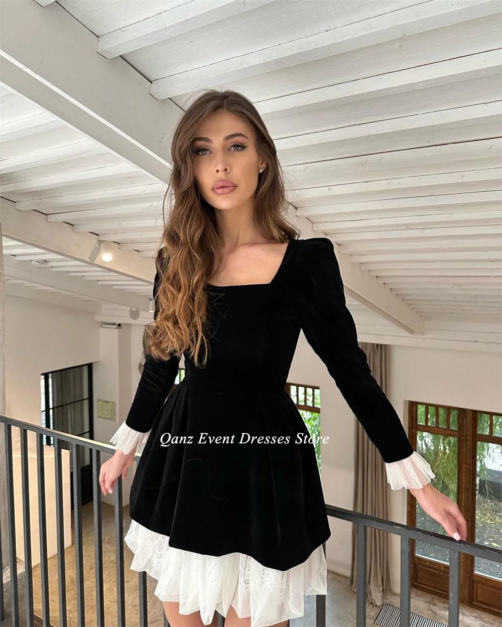 Qanz Short Prom Dresses Velour Long Sleeves Above Kneen Lace Square Neck Homecoming Kleider Party Dress Women Customized