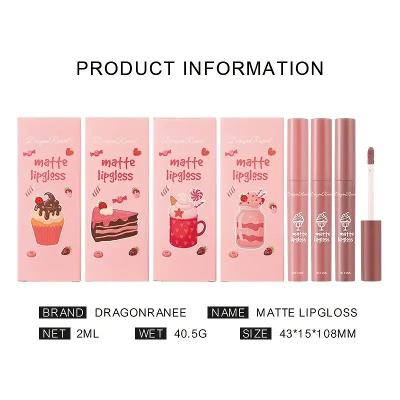 Dragon Ranee 3-teiliges mattes Lipgloss-Set, samtiger flüssiger Lippenstift, nackte Lippenglasur, wasserfest, langlebig, nicht klebrig, Lippen-Make-up-Set