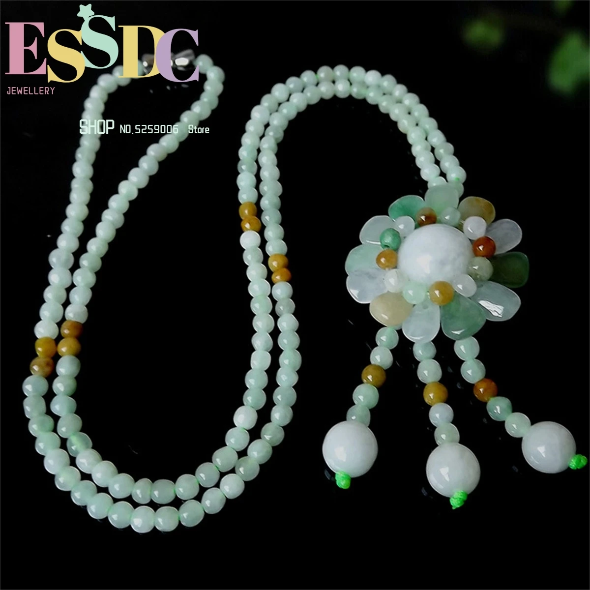 Wholesale Class A Natural Burma Emerald Sun Flower Pendant Necklace Three-Color Jade Round Bead Sweater Chain Ladies Jewelry Pen