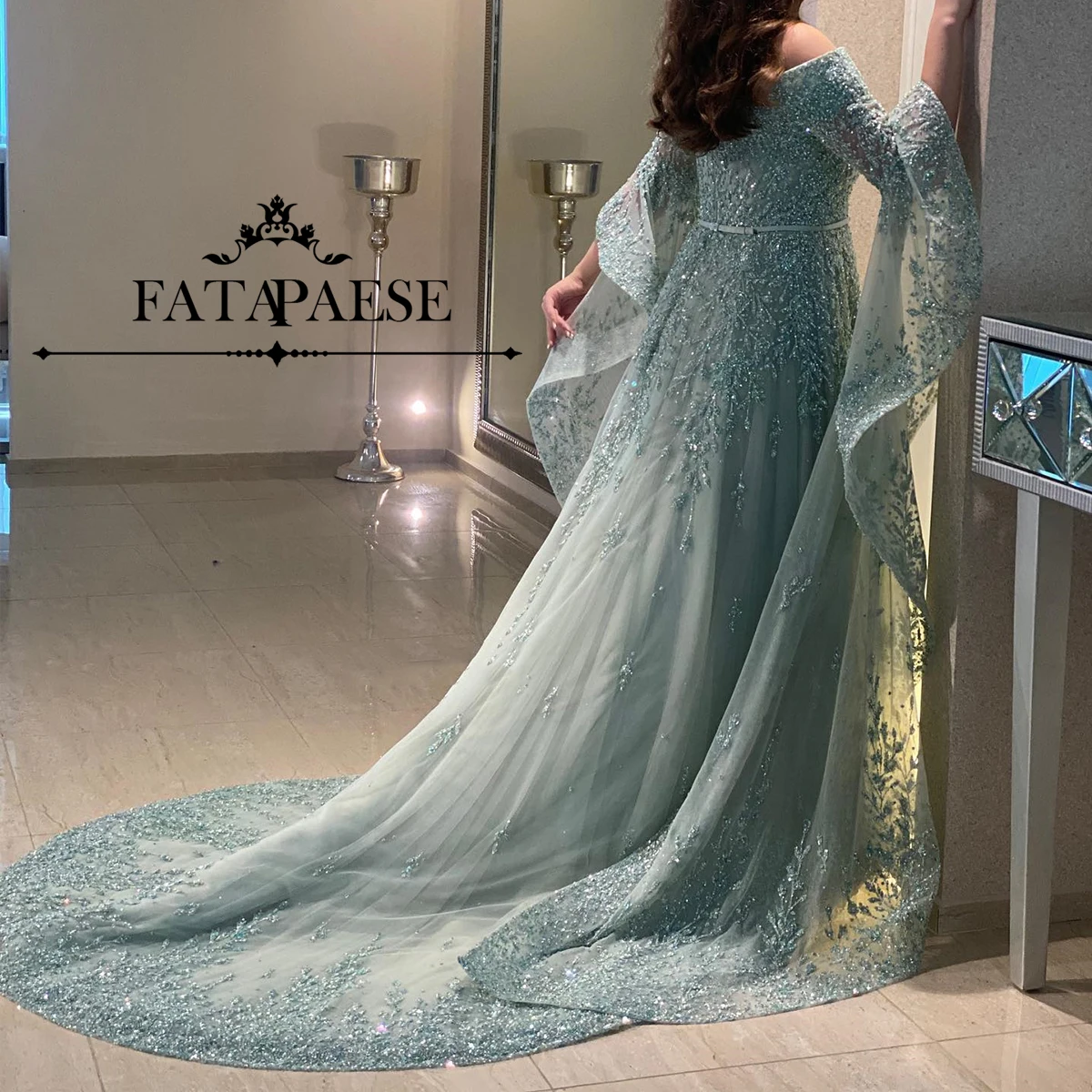 FATAPAESE Customized Sparking Sage Prom Gown with Flowy SleevesOff-Shoulder Glitter Cathedral Tail  فساتين مناسبة رسميةFormal Ba