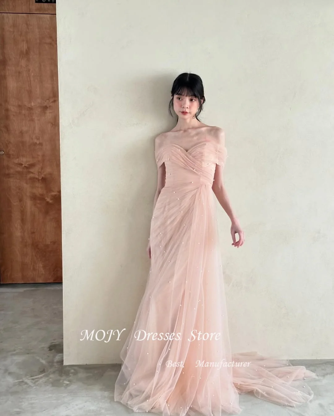 فستان زفاف Mojy أنيق على شكل قلب كوري وردي لالتقاط الصور واللؤلؤ مطرز بحورية البحر فستان زفاف طويل مخصص