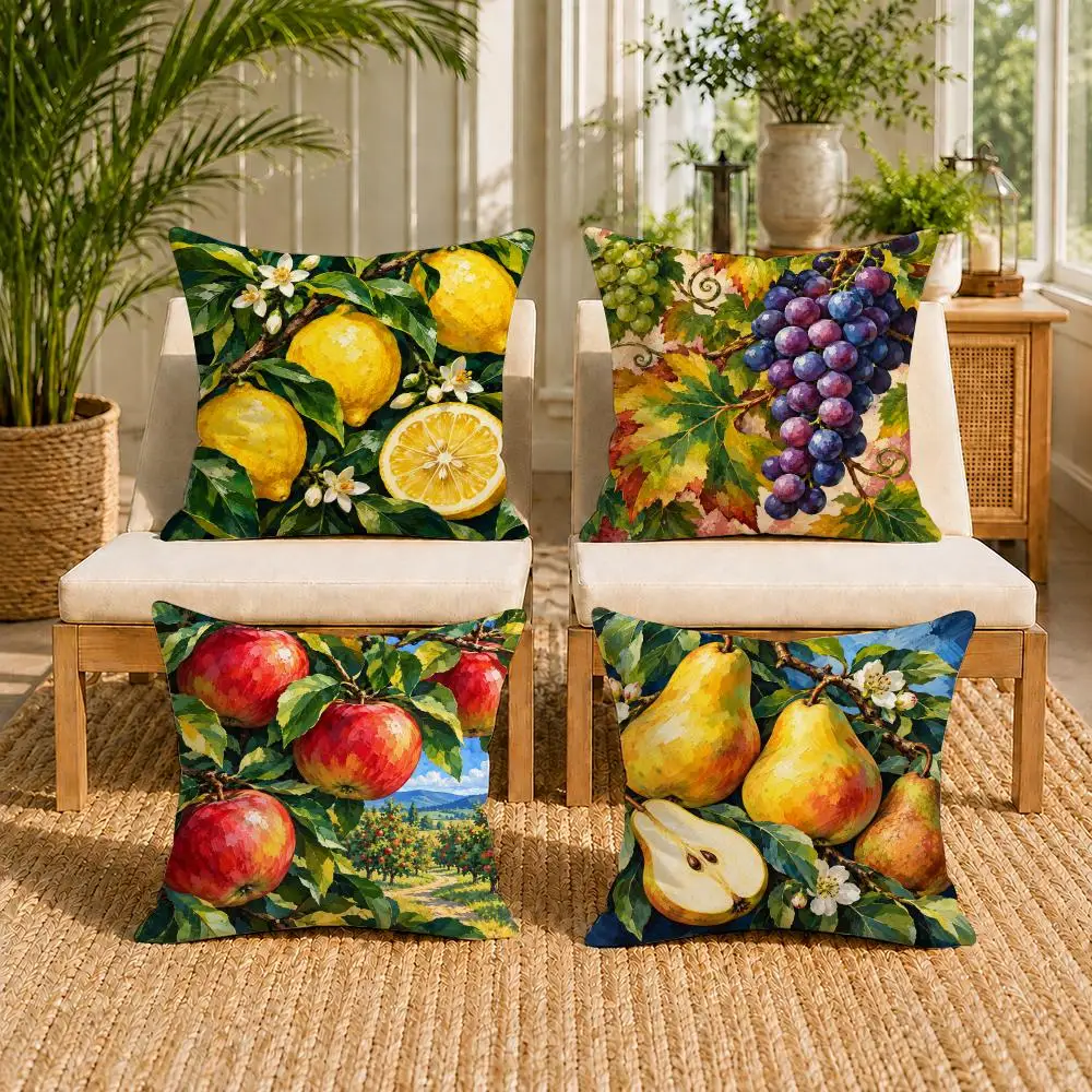 Fruit Orchard Lemon Apple Pomegranate Grape Cushion Cover Double-Sided Sofa Pillow Cases Organic Breathable Invisible Zipper