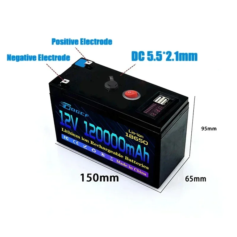 

12V 60Ah Portable Rechargeable Battery LiFePO4 Lithium Battery Built-in 5V 2.1A Usb Power Display Port Charging