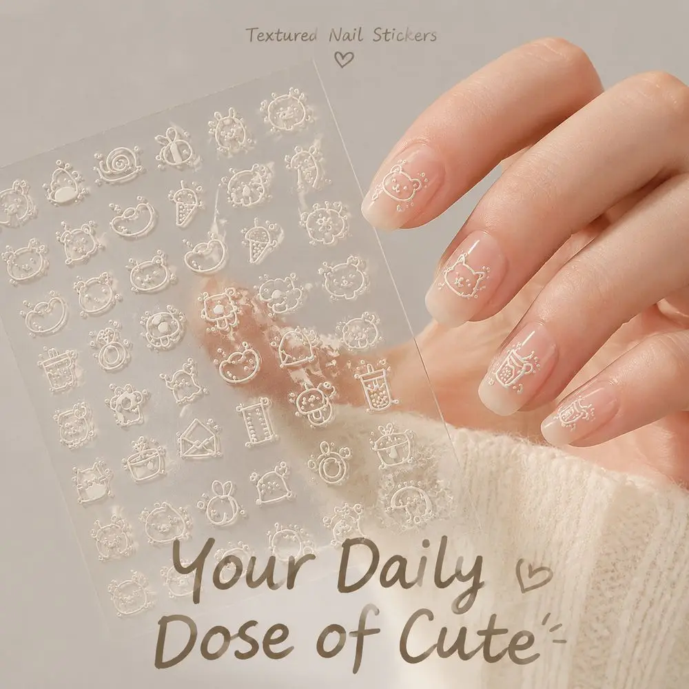 1Pc Hand‑Drawn Raised Nail Decals 5D Embossed Cat Bear Bee Snack Pattern Self‑Adhesive Stickers For Press‑On Nails DIY Making