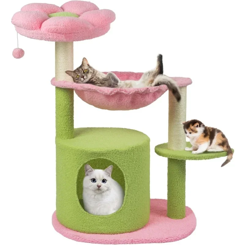 

Cat Tree 33'' Cute Cat Tower Small Flower Cat Trees for Indoor Condo with Hanging Toys Pink Large Top Perch for Kittens