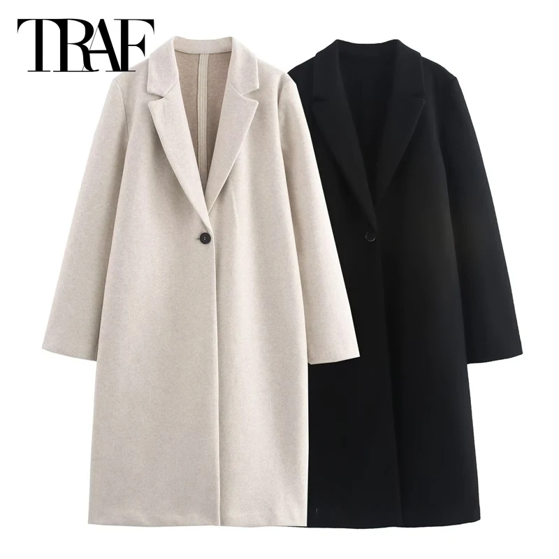 TRAF Women's Coat Tweed Long Coat Winter Coat Female Off White Black Coat Outerwears Autumn Urban Coats Korean Reviews Many Coat