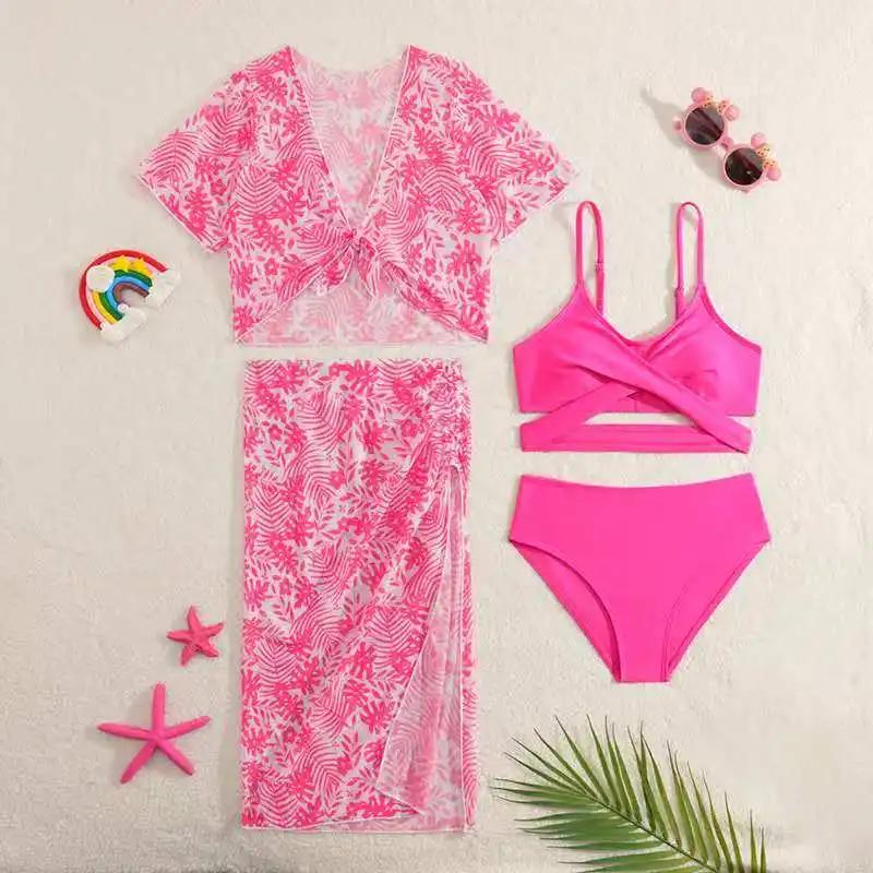 

2026 Strappy Girls Swimsuit 4 Pieces Bikini Tops & Beach Dress Kids Swimwear Female Children Bathers Bathing Swimming Swim Suit