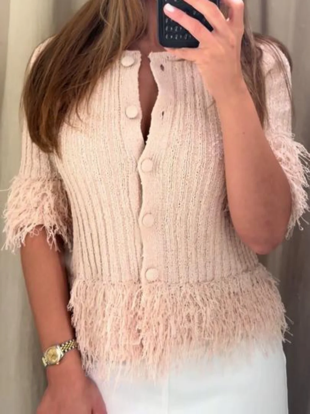 Women Elegant Feather Hem Knitted Sweater Pink Round Neck Short Sleeve Cardigan Vintage Chic Korean Fashion Summer Tops