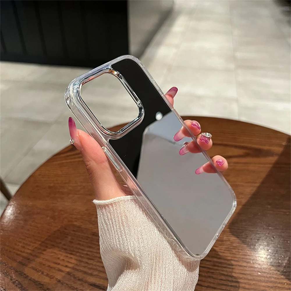 Luxury Plating Mirror Silvery Case For iphone 15 14 13 12 11 Pro Max 7 8 14 15 Plus X XS XR XS Max 12 13 MiNi Anti-Slip Cover