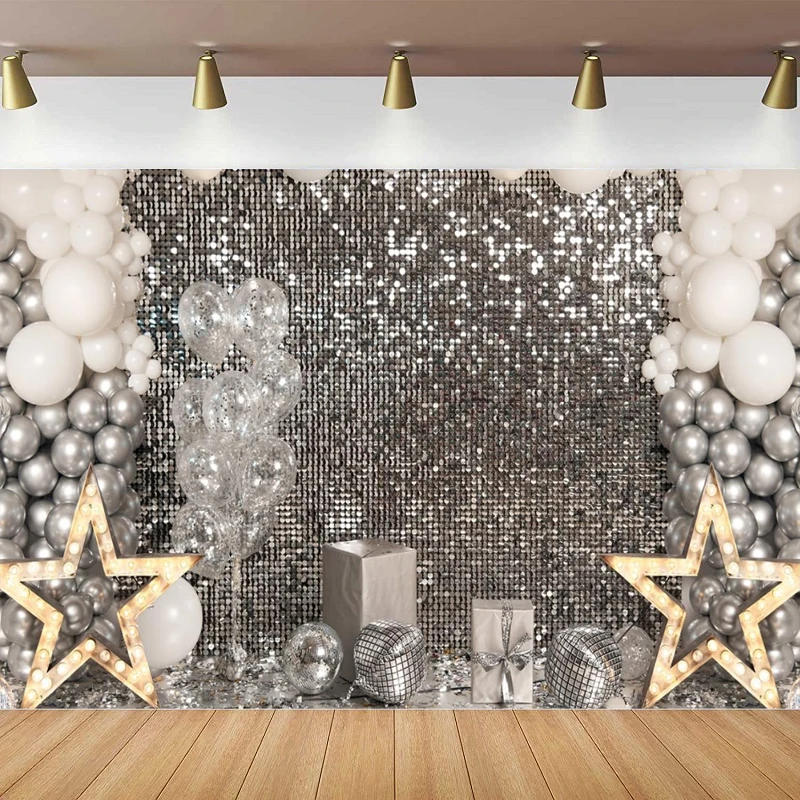 Photography Backdrop Silver Sequins Disco Party Decoration Background For Halos Happy Birthday Banner 70s 80s 90s Theme Party