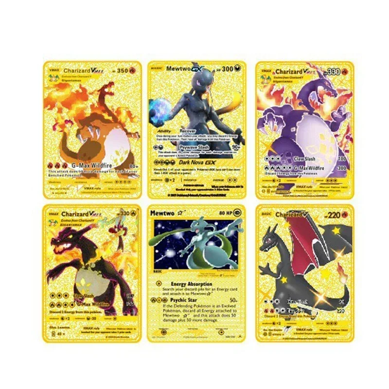 Cartas de Pokémon en inglés, tarjetas de Metal dorado DIY, tarjetas de hierro duro, Pikachu, Mewtwo, Gx, Charizard, Vmax, paquete de juego,