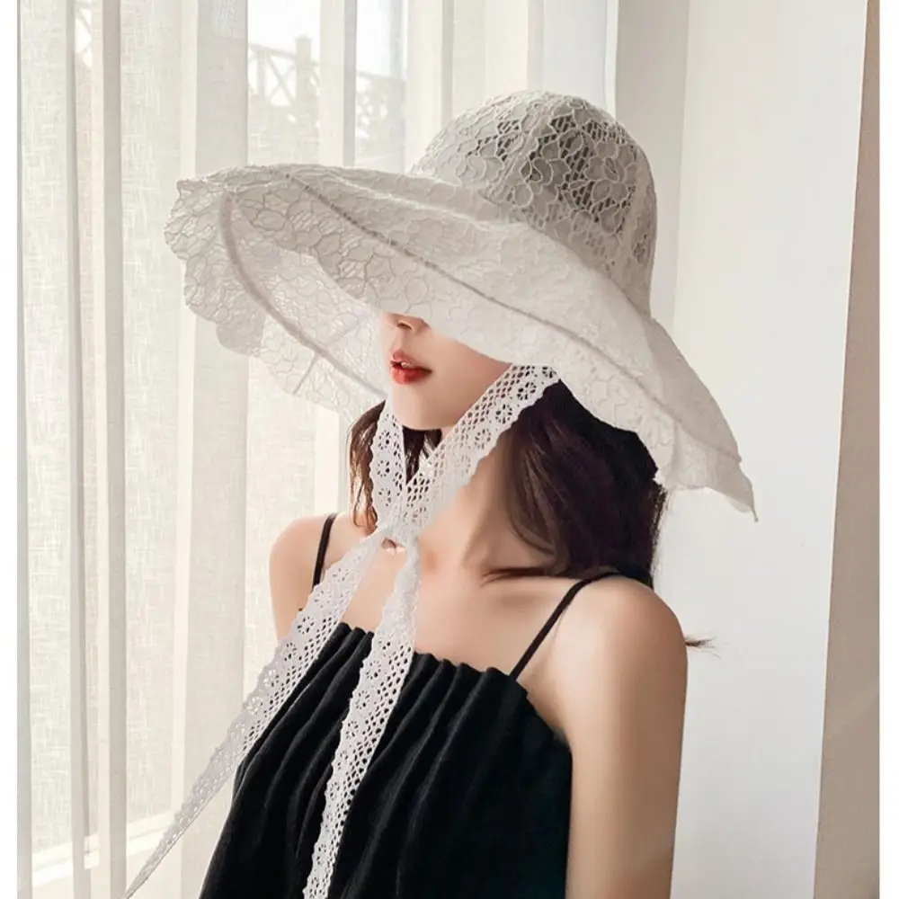 Lace Lace-up Bucket Hat Women Lightweight Windbreak Rope Sunshade Basin Hat Sun Cap Beach Hat