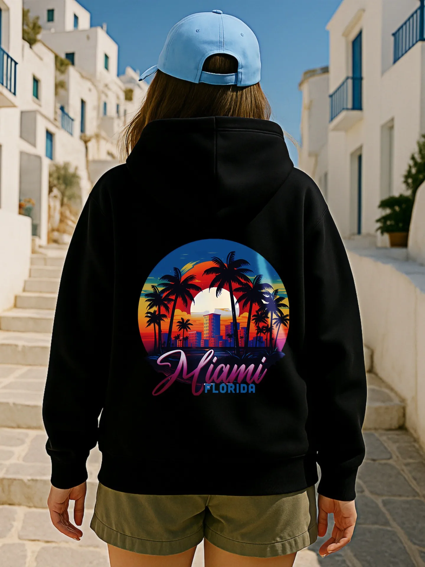 Miami - Felpa con cappuccio essenziale con stampa grafica a tema, design estetico casual, foderata in pile, abito da vacanza per donna