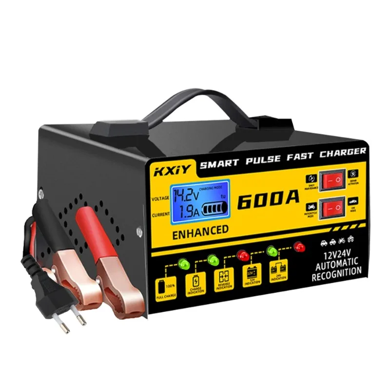 

Автомобильное зарядное устройство, интеллектуальный импульсный ремонт, обнаружение напряжения, температуры, 12 В, 24 В, 600 А, цифровой ЖК-дисплей, автоматическая остановка
