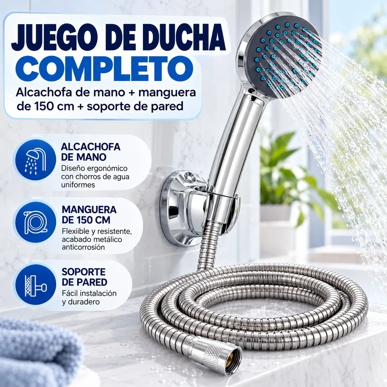 Juego de Alcachofa de Ducha de Mano con Manguera Flexible de 150cm y Soporte de Pared, Cabezal de ABS Cromado con Boquillas de Silicona Antical para Baño y Lavado de Mascotas