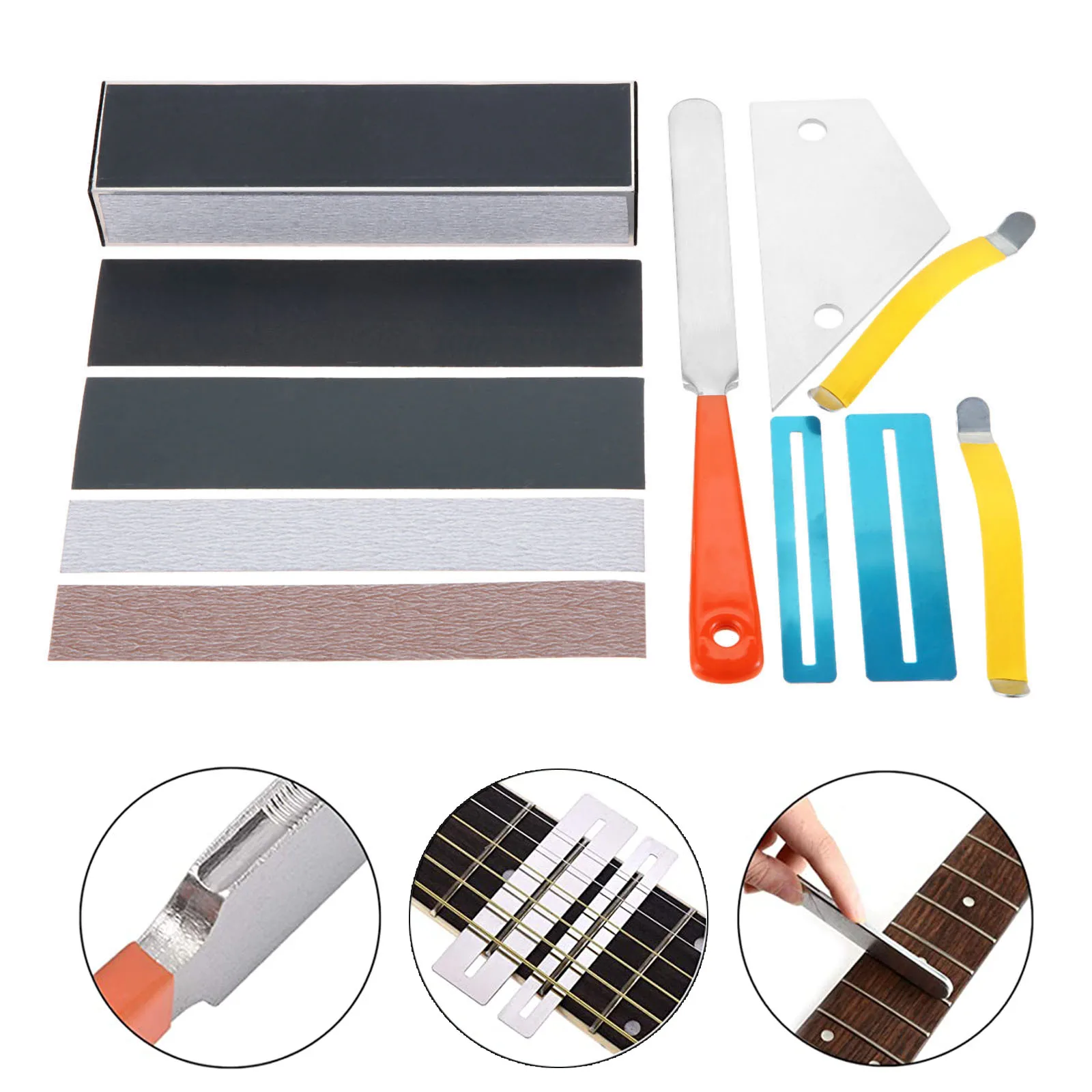 

11 шт., инструменты для гитары, напильник для ладов, рокер, защита грифа, шлифовальный выравниватель ладов, расширители струн и наждачная бумага
