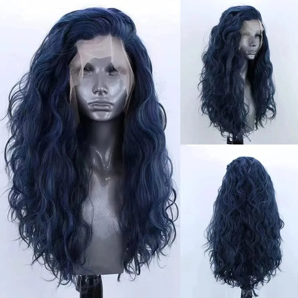 Blue Wig Loose Curly Lace Wigs 13x4 Synthetic Lace Front Wig Body Wave Glueless Ready To Wear Daily Wear Cosplay Black/613
