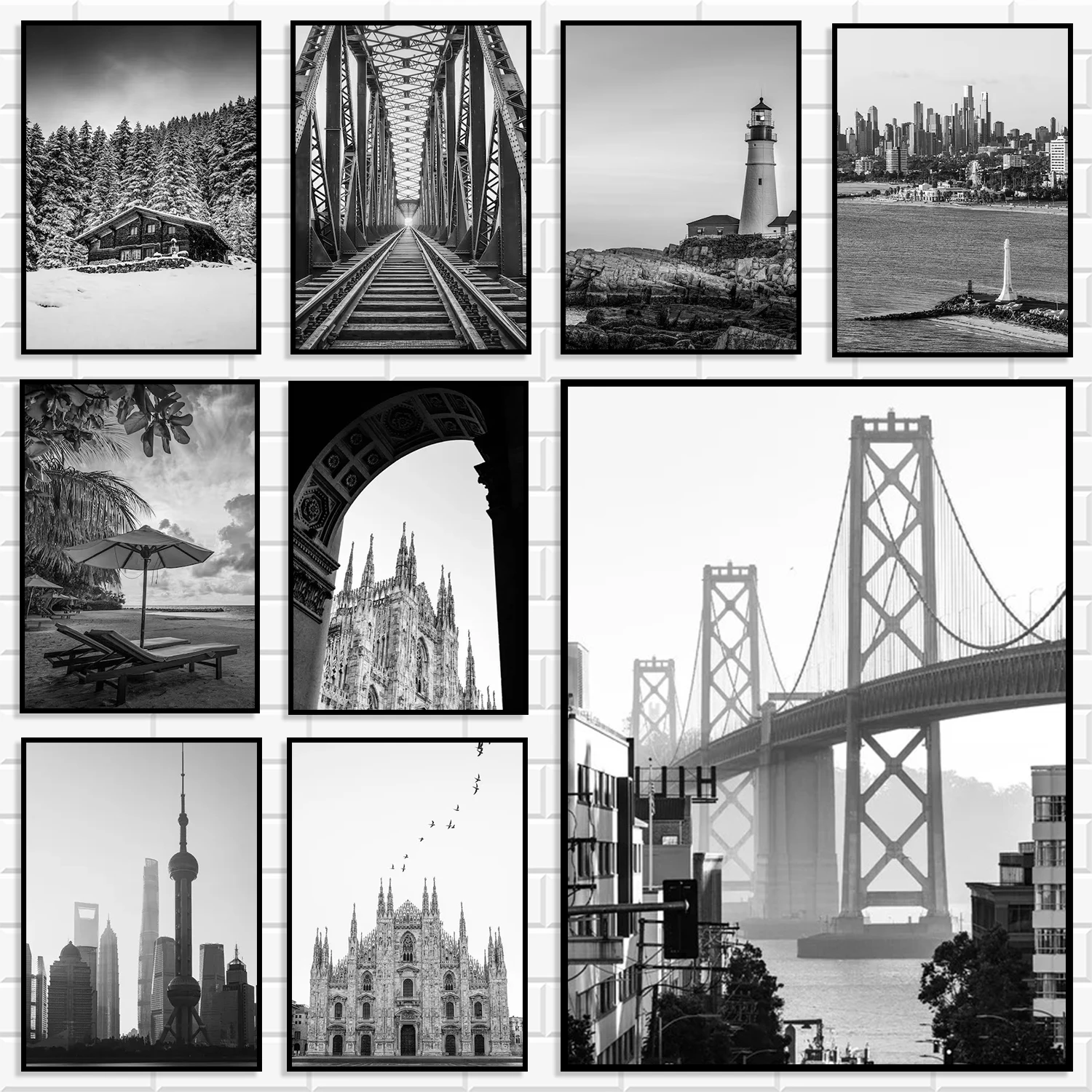 Minimalist Black White Travel Wall Print Bundle Vintage Monochrome Urban Landscape Canvas Poster Set Travel Lover Home Decor