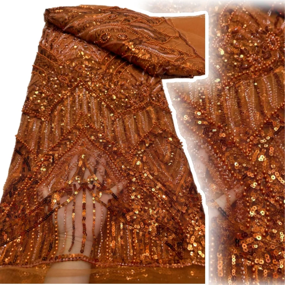 

2025 African Nigerian High-Quality Sequins Embroidery Tulle Orange Lace Fabric 5 Yards Sewing for Prom Dresses Hot Sale CC1380