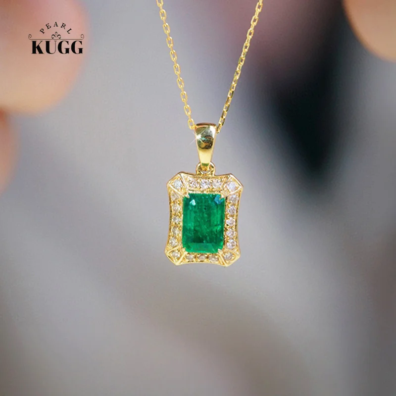 

KUGG 18K Yellow Gold Necklace Elegant Style Natural Emerald Real Diamond Gemstone Pendant Necklace for Women High Party Jewelry