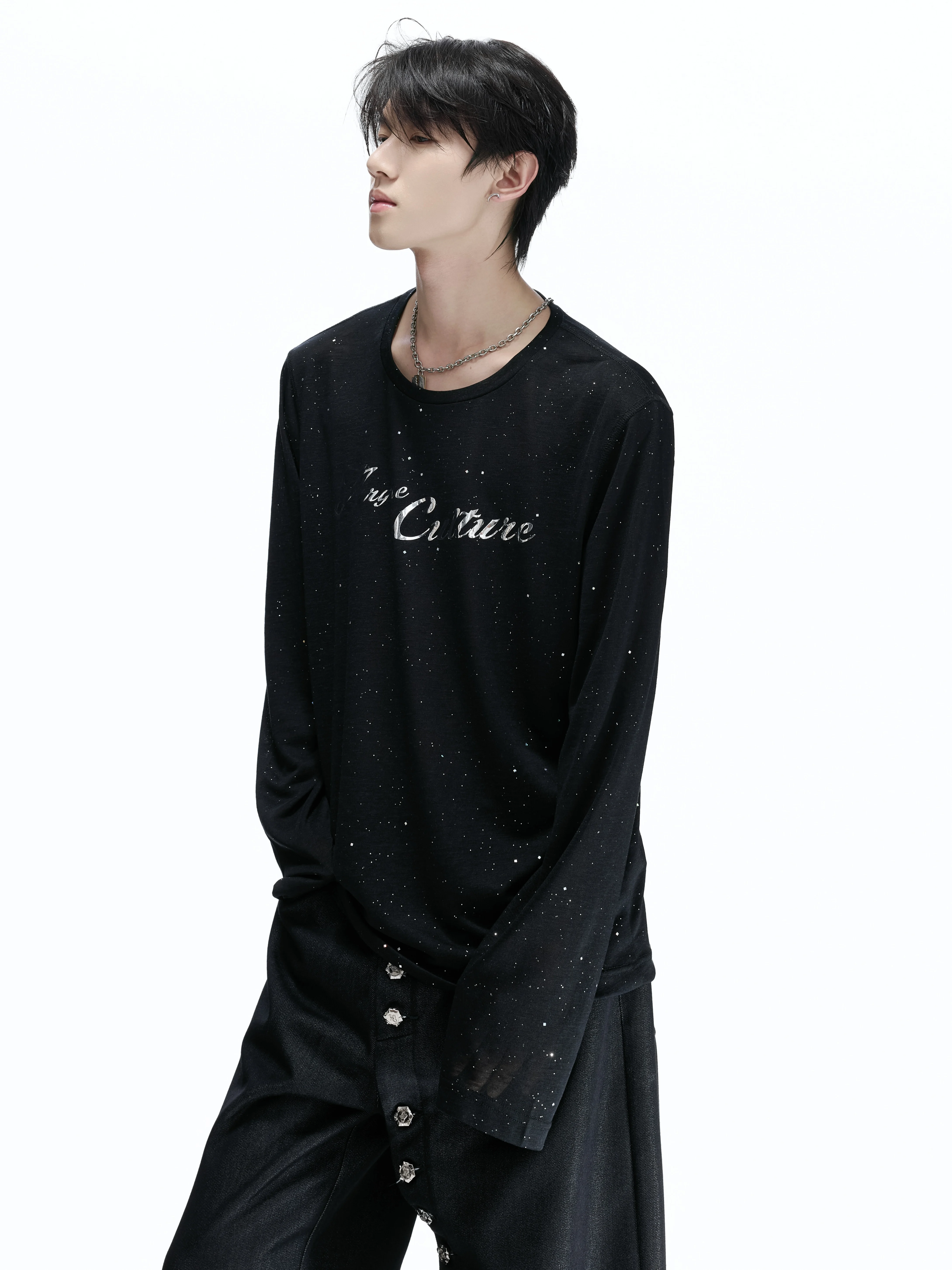 Argue Skin-Friendly Long Sleeve round Neck T-Shirt Metal Print Base Shirt 3D Effect Star Pattern Breathable Polyester Lenzing
