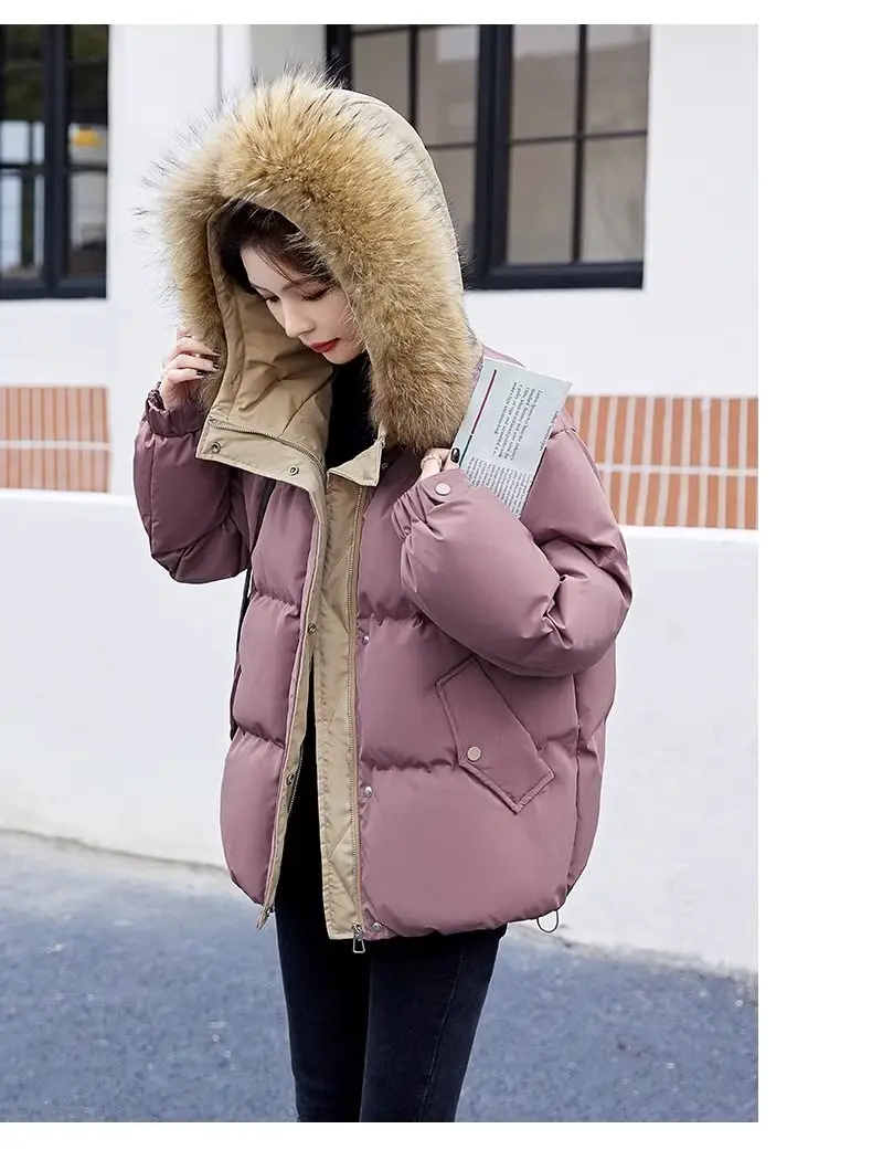 Down Cotton Jacket For Women Short Thickened 2026 Winter New Big Fur Collar Loose Cotton Coat Women's Warm Hooded Jackets Parker