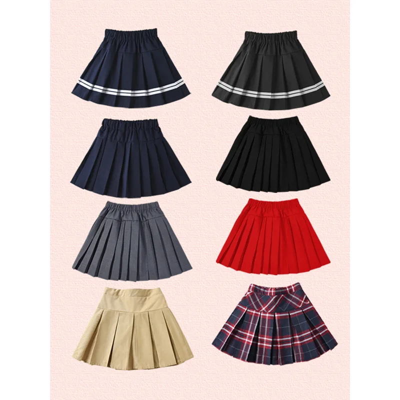 New Girls' Pleated Skirt Half-Dress School Uniform Skirt in Black and Khaki Color, School-Age Style, Children's JK Short Skirt