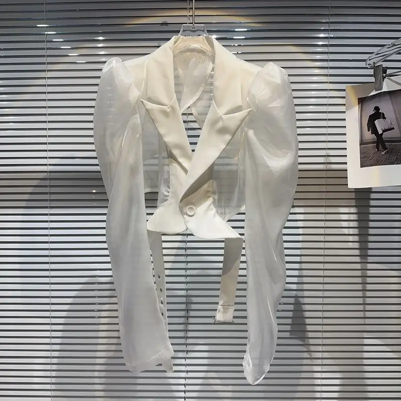 2026 Spring Strap Waist Shoulder Pads Bubble Sleeves Glass Silk Sunscreen Suit Short Jacket
