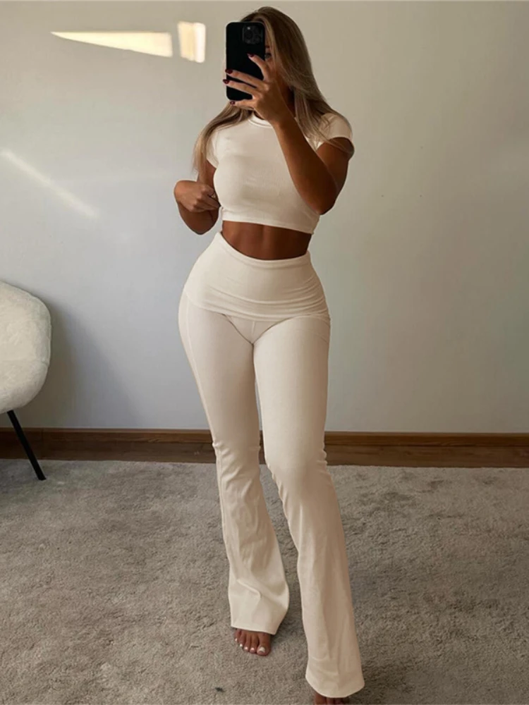 

YUZHEXI Women Rib Knit Crop Top Two Piece Pant Sets Solid Color Stretchy Casual Short Sleeve High Waist Trousers Basic Gym Suit