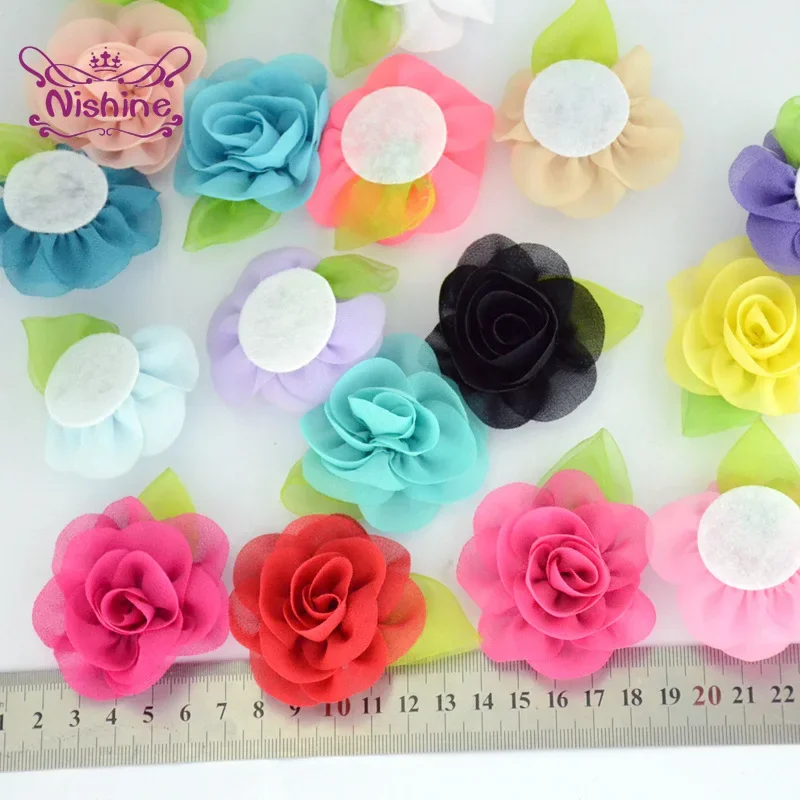 10pcs/lot Leaf Chiffon Flowers Rosette Rose Floral Kids Girls Hair Accessory Artificial Flower for Baby Women Diy Headwear