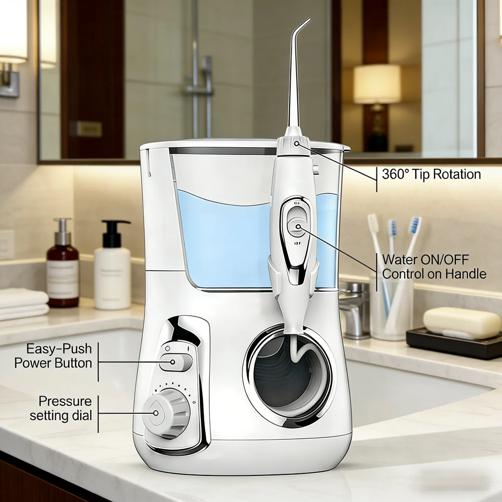 

Электрический ирригатор для полости рта на 800 мл с 10 режимами и 5 насадками, настольный, для чистки зубов и профилактики кариеса