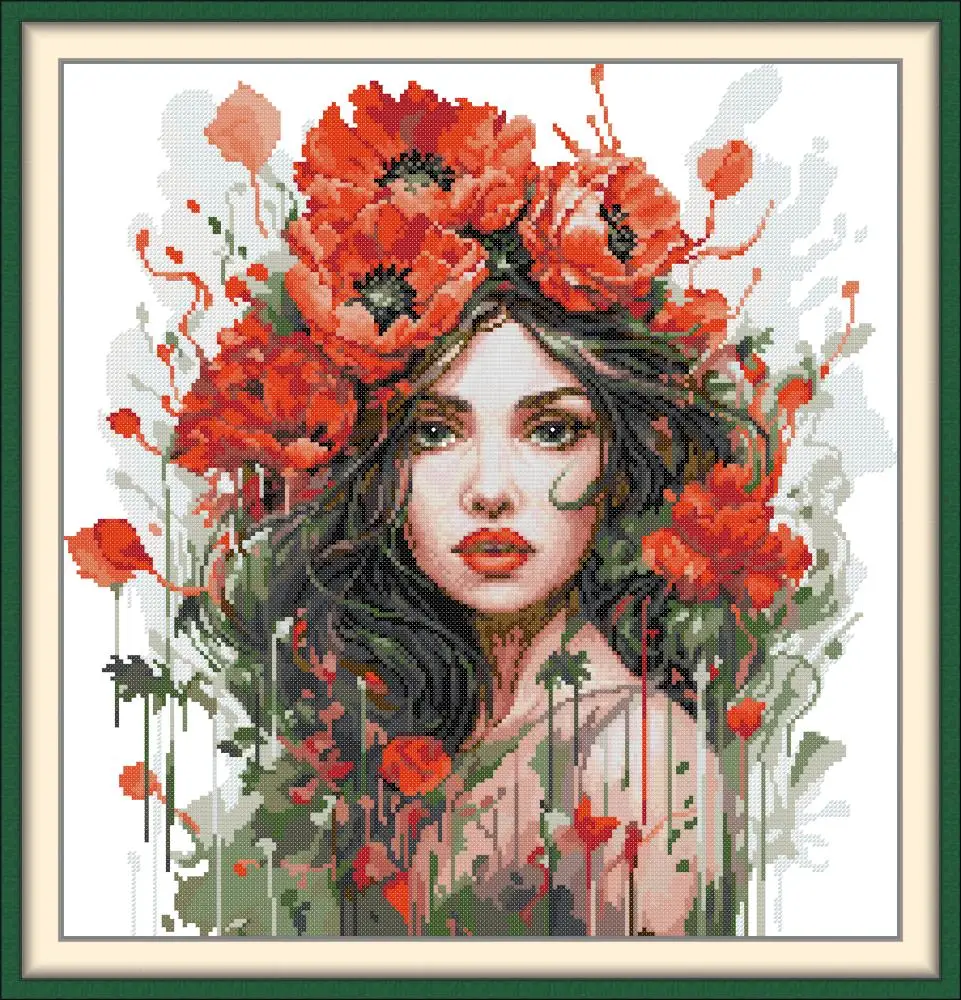 

Joy Sunday Pre-printed Cross Stitch Kit DIY Easy Pattern Aida 14/11CT Stamped Fabric Embroidery Set-The Girl with Carnations
