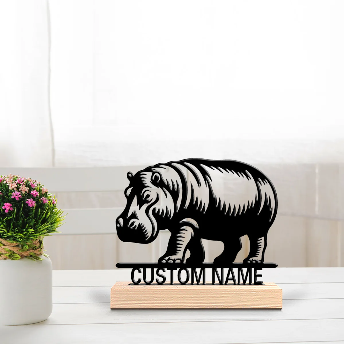 1 Pieza, Nuevo Diseño, Estatuas de Hipopótamo de Metal Personalizadas, Decoración Moderna con Base de Madera para Oficina, Sala de Estar, Inspirada en la Naturaleza