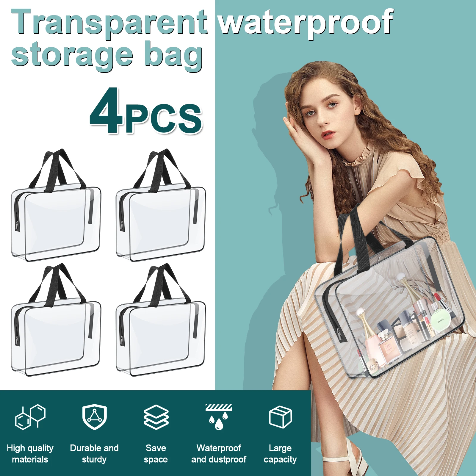 4/6Pcs PVC Makeup Storage Bags Portable Large Capacity Waterproof Clear Organizer Bag with Zipper for Travel Washing Household