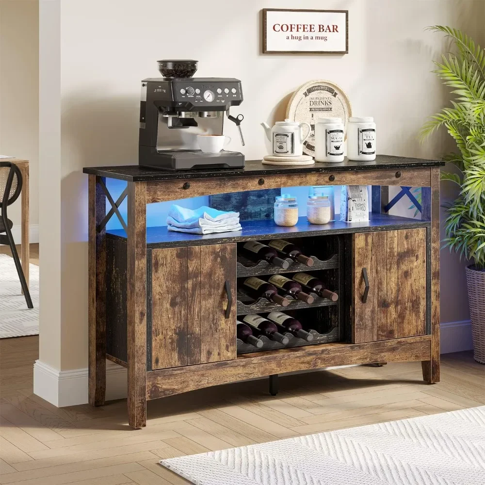 Bar Cabinet, Farmhouse Coffee Bar Sideboard with LED Lights, Industrial Sideboard Buffet Cabinet with Storage, Rustic Brown