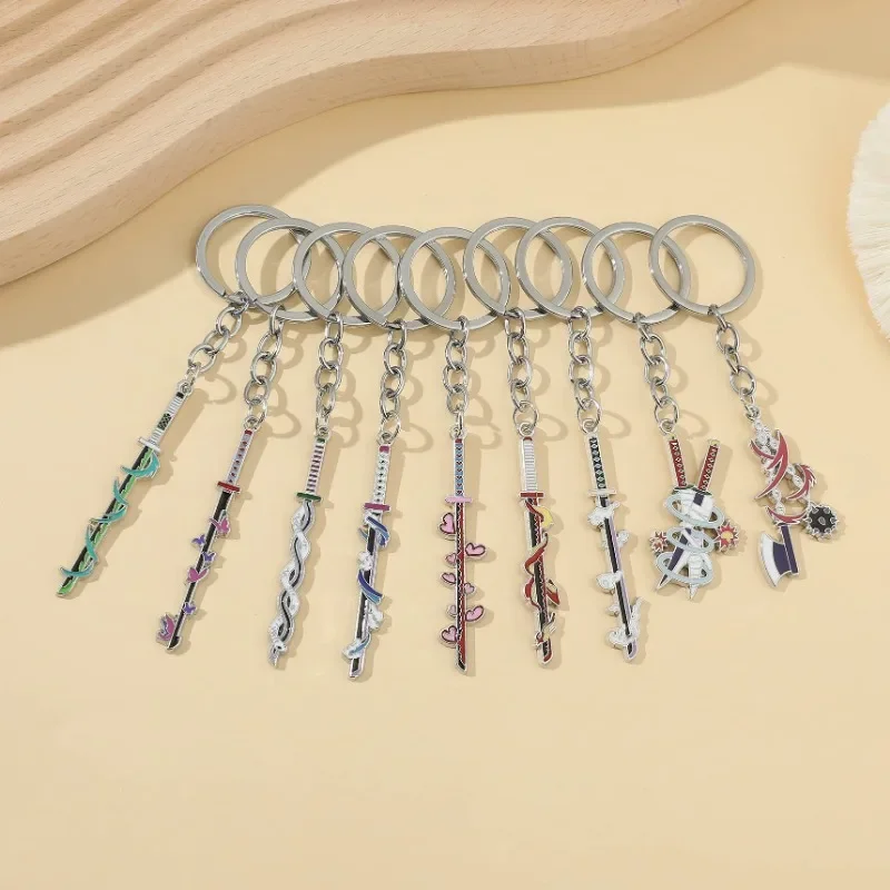 أنيمي شيطان Slaye السيف سلاسل المفاتيح مجموعة كاتانا اليابانية الصغيرة تذكارية سلسلة مفاتيح المينا دبوس قلادة ديكور هدايا رائعة