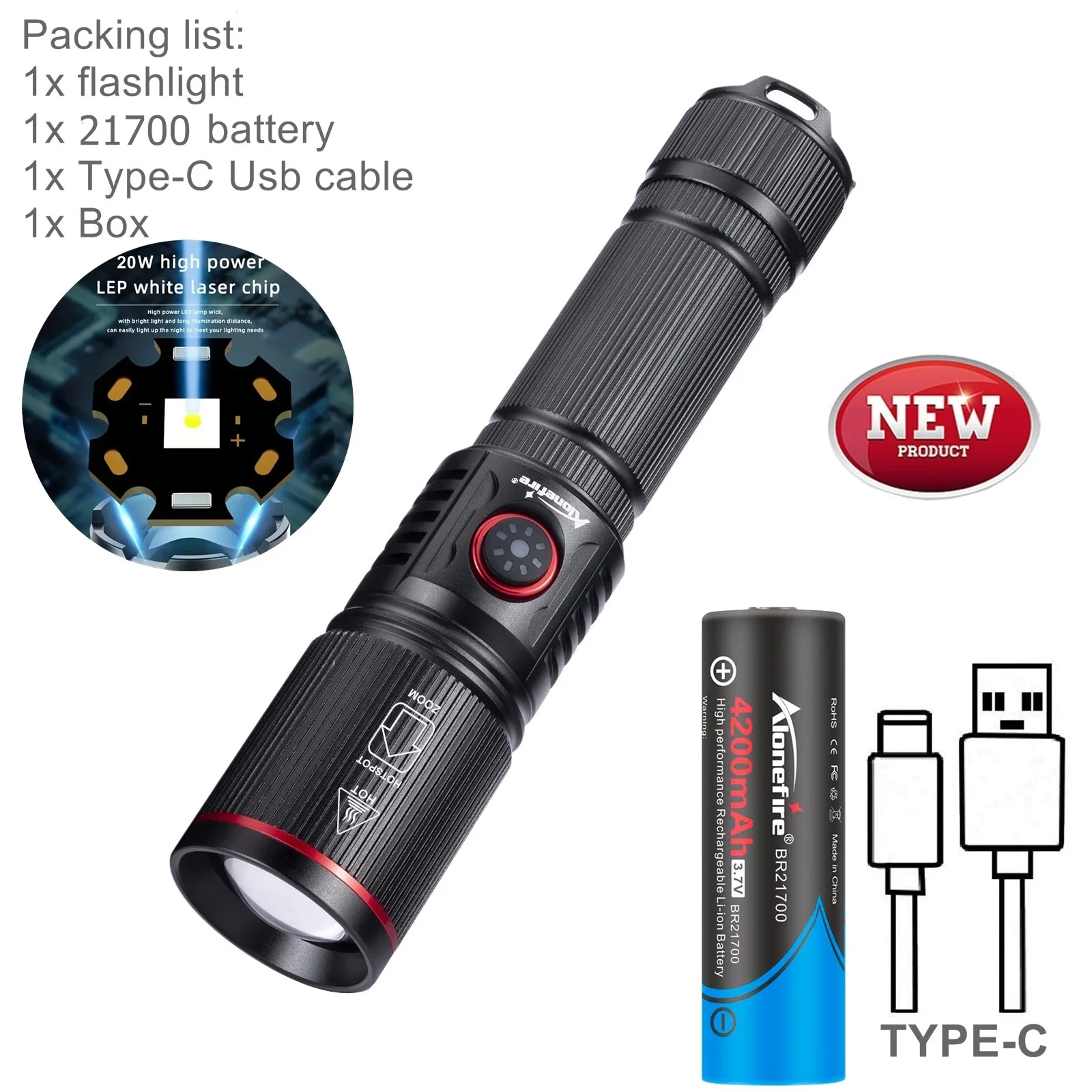 20W Zoom Rundstrahl-LED-Taschenlampe, Hochleistungs-USB-Aufladbare Taschenlampe für Camping, Outdoor, Jagd, Angeln, Wandern, Beleuchtung