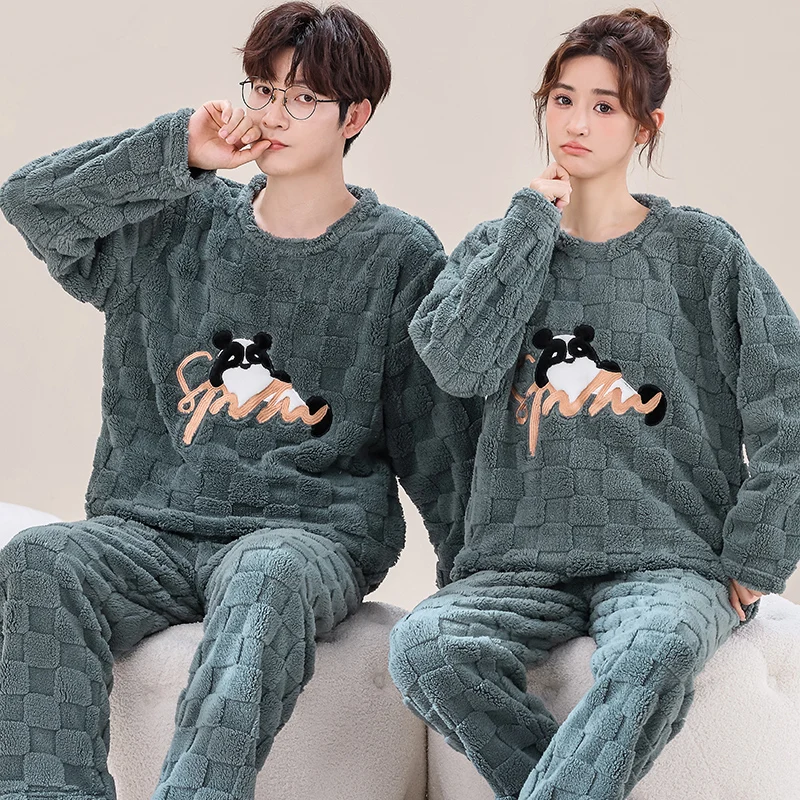 Couples Nightgown Thick Coral Fleece Men\'s Tops + Pants 2pcs Animal Cartoon Pajamas Women Flannel Home Service Lovers Homewear