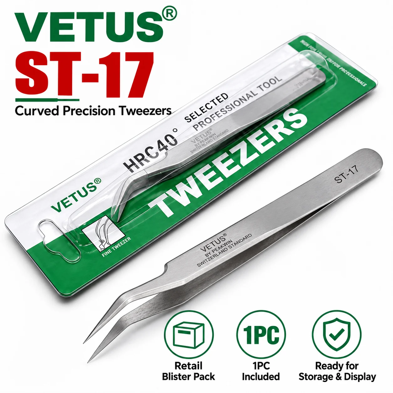 VETUS ST-17 Präzisionspinzette aus Edelstahl mit gebogener Spitze für die Reparatur von Leiterplatten, SMD-Bauteilen und Elektronik – Detail 1