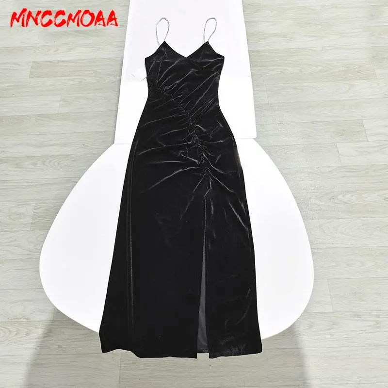 

MNCCMOAA-Women's V-Neck Strap Velvet Halter Dress, Female Monochromatic Casual Sleeveless Party Dresses, Fashion, 2024