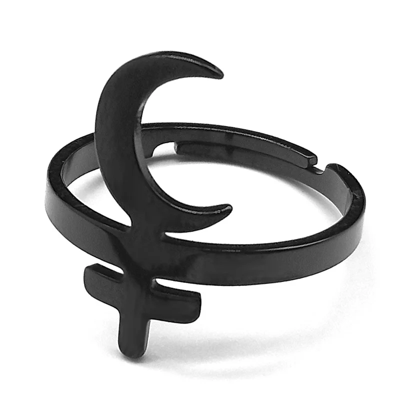 Lilith Crescent Inverted Cross Ringe Edelstahl Silber Farbe Astrologisches Symbol Zeichen Verstellbarer Fingerring Satan Schmuck