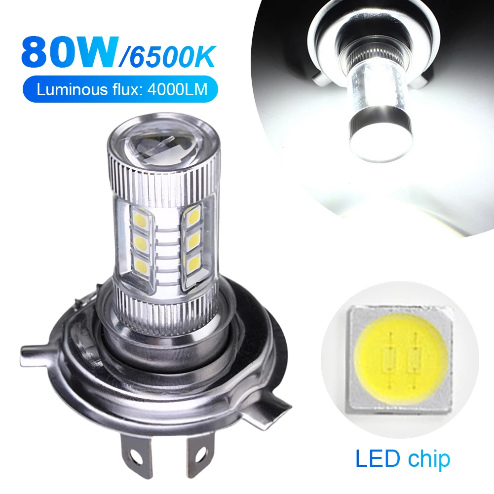 H4 Car Fog Light Bulb IP67 Waterproof Super White LED Headlight Bulb 6000-6500K High Low Beam LED Fog Lamp 4000LM 80W 12V