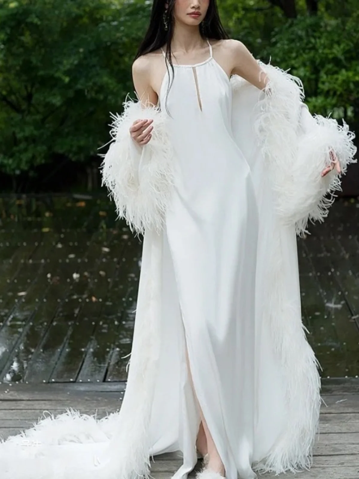 

Ele Ostrich Feather Wrap Bal Side Slit Set Sexy Long Sve Polyester Faionable Women's Two-Piece Suit Spring 2024